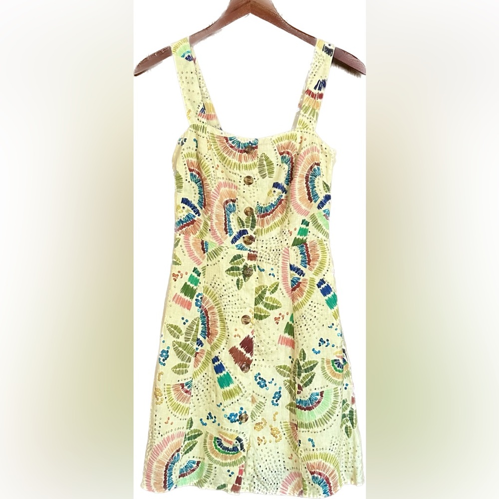 Women’s FARM RIO, COLORFUL BIRDS LINEN MINI DRESS, YELLOW MULTI, XS